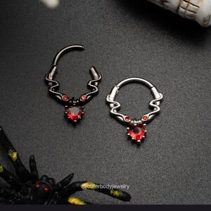 16G Dangle Red Heart Septum Ring/Black Silver Entwined Snakes Tragus Jewelry
